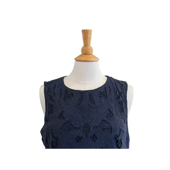 J. Jill Navy Embroidered Cut Out Overlay Sleeveless Tank/Blouse, Size L - Picture 2 of 11